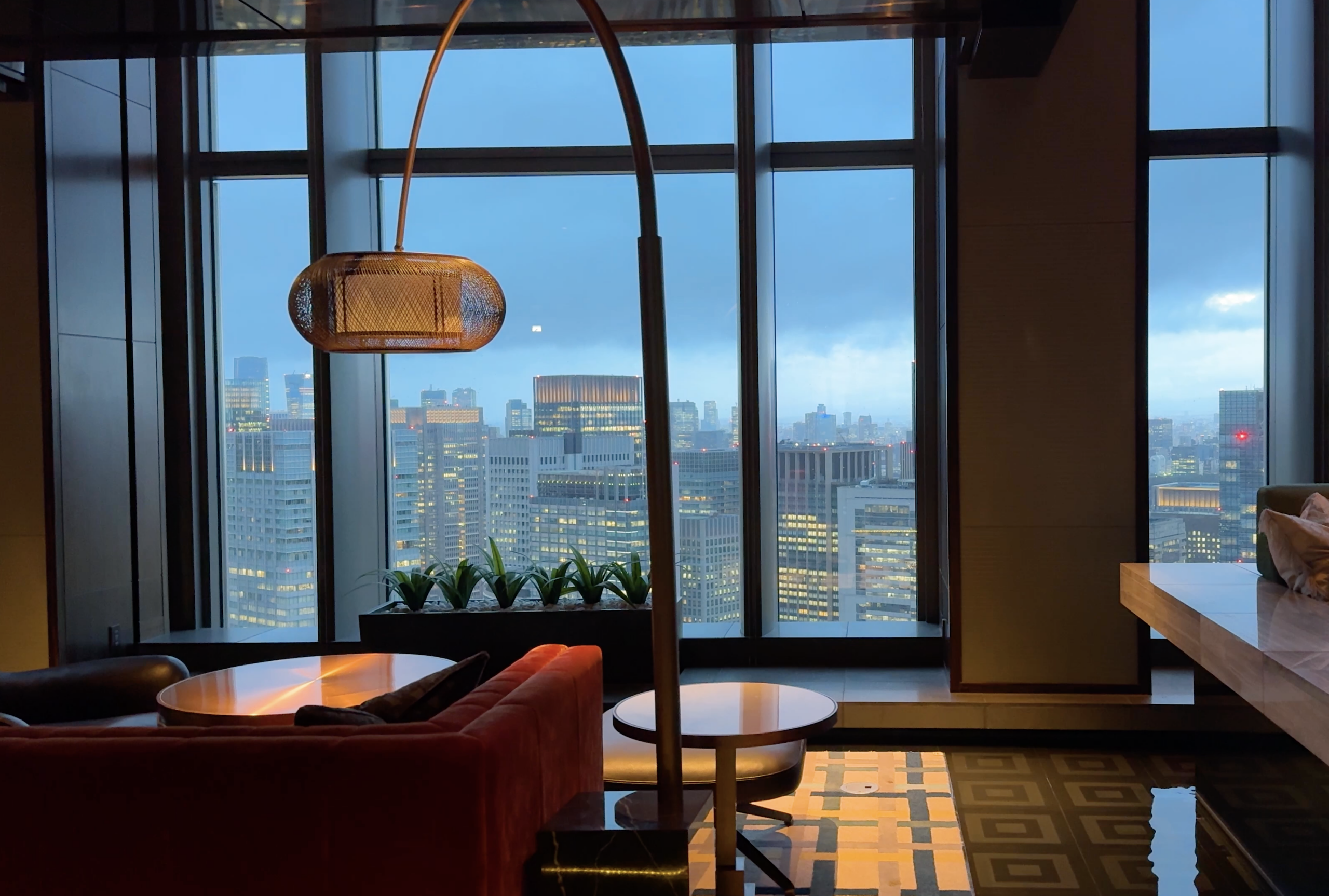 Tokyo skyline at blue hour through the windows of a lounge at Mandarin Oriental, Tokyo