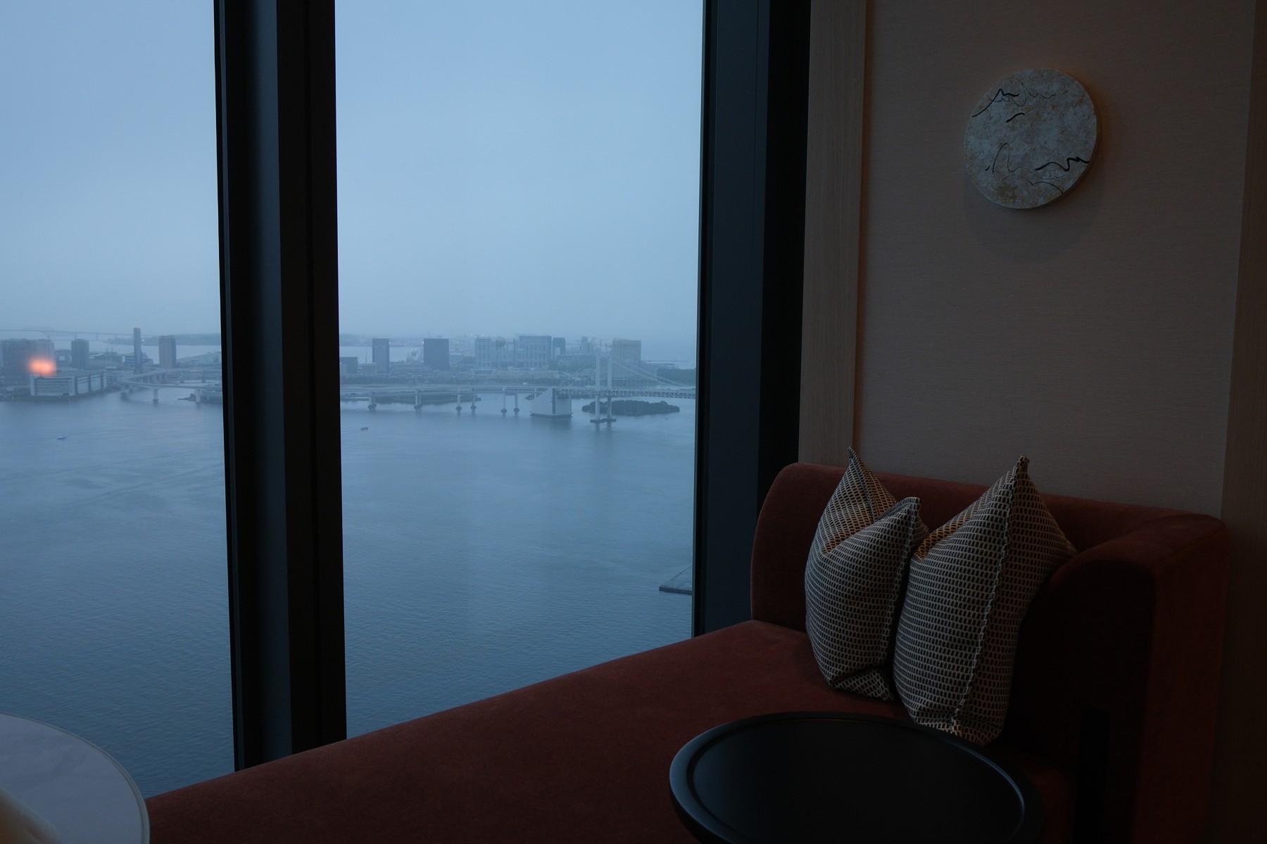 Window-side sofa overlooking Tokyo Bay from our Fairmont Tokyo room