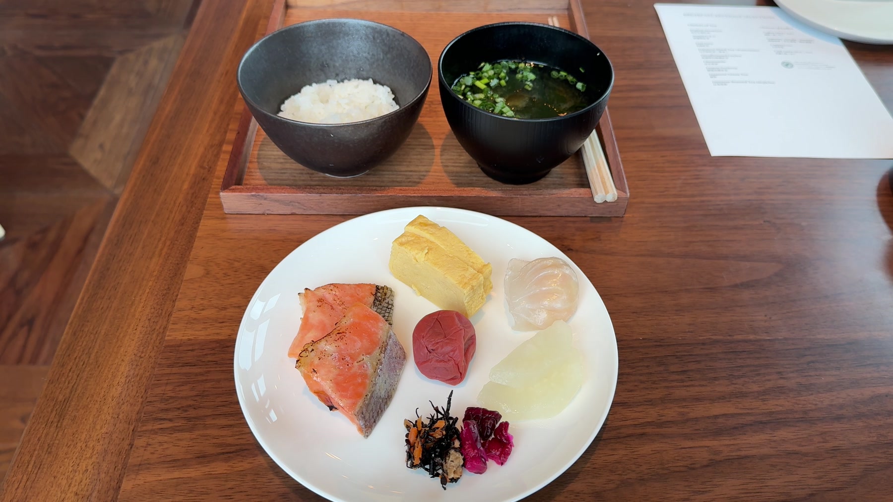 Japanese breakfast with grilled fish, rice, miso soup and egg at Fairmont Tokyo