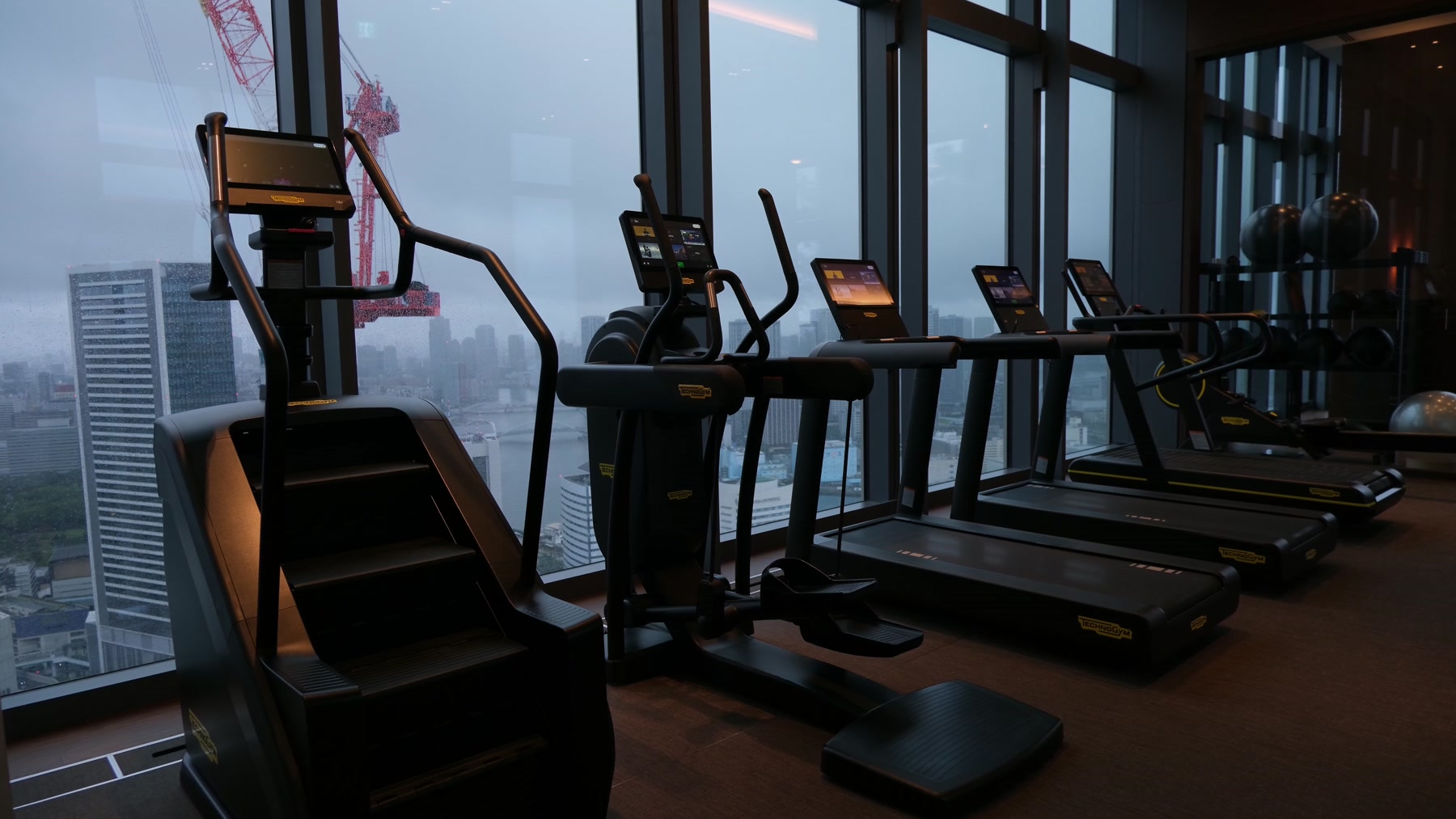 Cardio equipment beside skyline windows in the Fairmont Tokyo gym