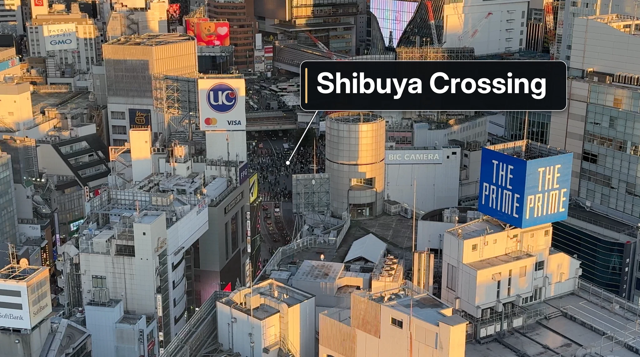 View over Shibuya from our Hotel Indigo Tokyo Shibuya room, with an annotation identifying Shibuya Crossing