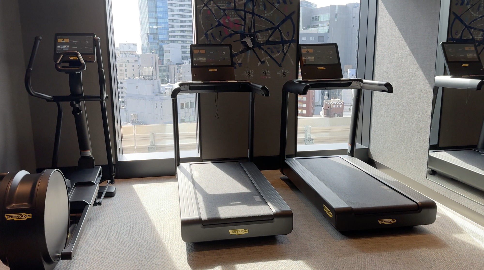Technogym treadmills and an elliptical beside the fitness center windows