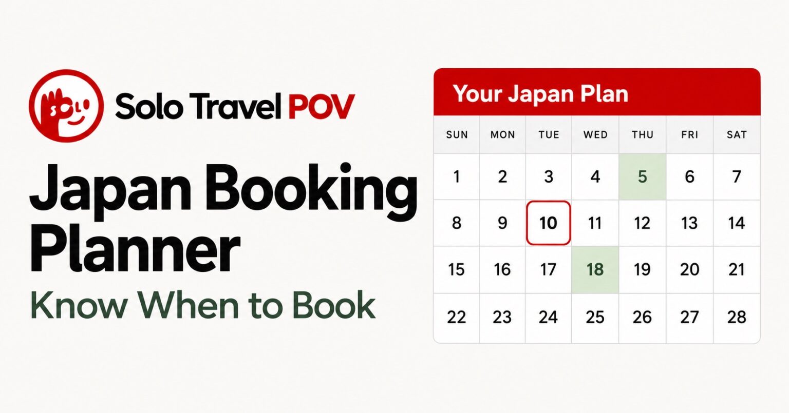 Japan Booking Planner by Solo Travel POV, with the circular logo and a simple calendar showing booking and visit dates.