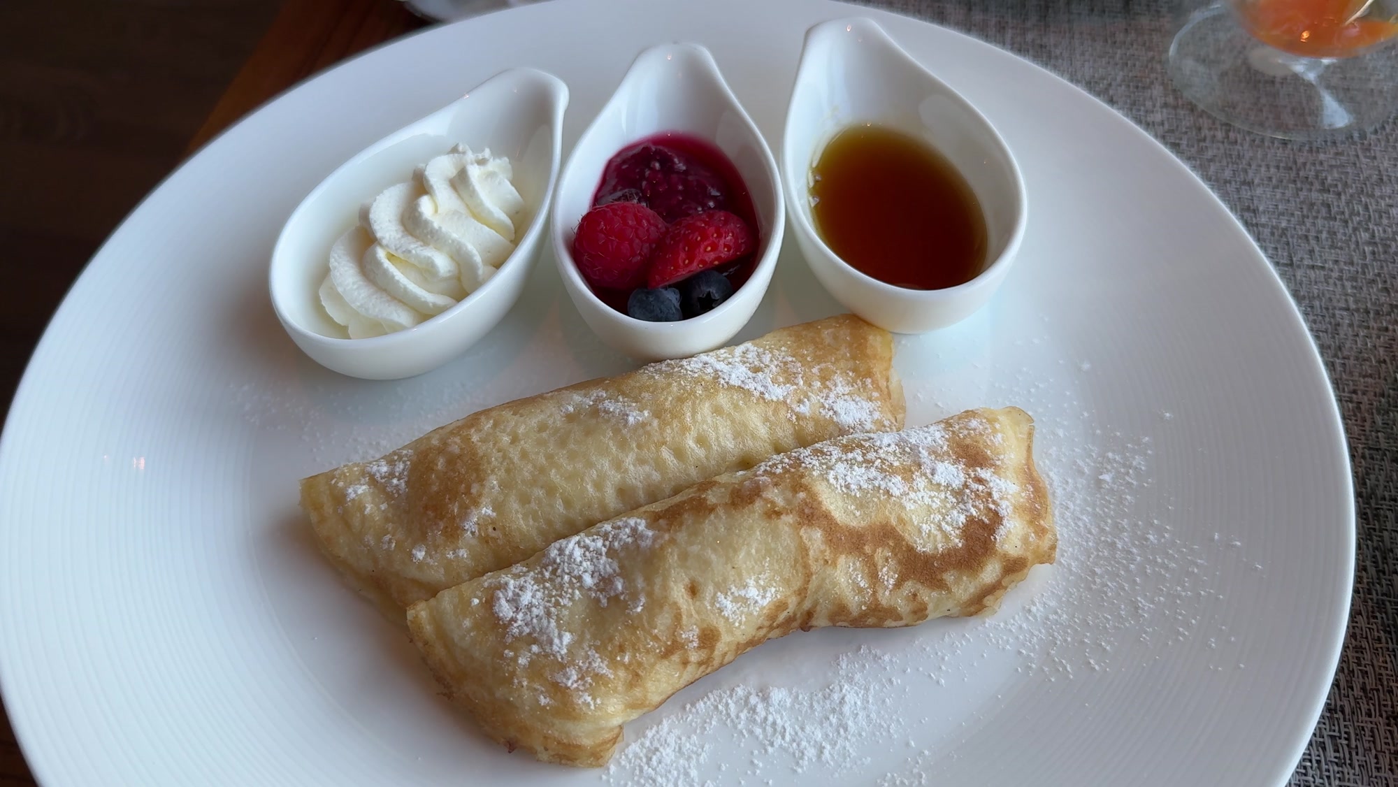 Crepes with cream and jam served at Mandarin Oriental Tokyo breakfast