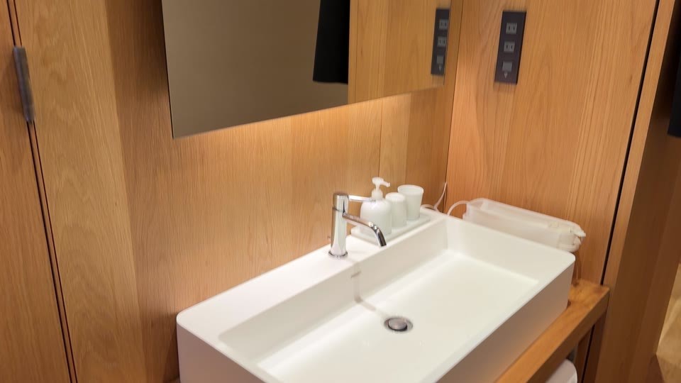 White washbasin and MUJI toiletries against wooden bathroom walls