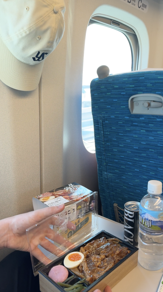 A white cap hanging beside a Shinkansen window, with the blue seat and a bento lunch below