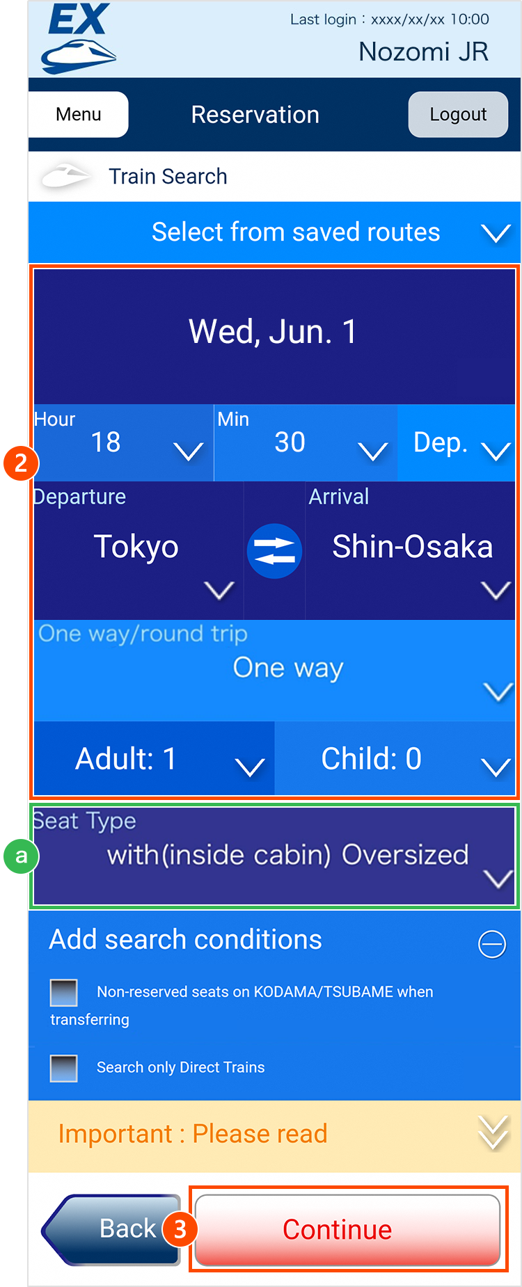 Official SmartEX Train Search screen highlighting the Seat Type option for an inside-cabin oversized baggage area